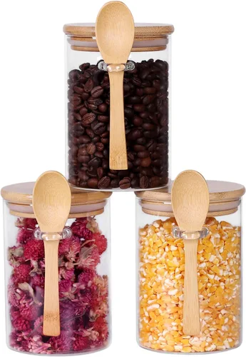 Vista 7 de Tarro de vidrio con tapa y cuchara de bambú, paquete de 8 recipientes de té de 10 onzas para té de hojas sueltas, recipientes de sal y azúcar