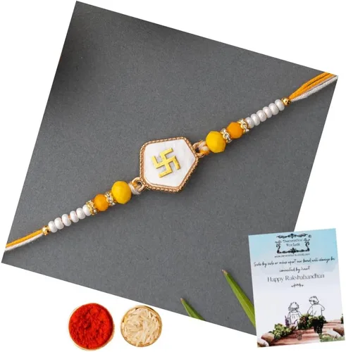 Vista 17 de Rakhi adulto Rakhi para hermano: Rakhi para Bhaiya: combo de mauli Rakhi hecho a mano con tarjeta de felicitación y Roli Chawal: Rakshabandhan