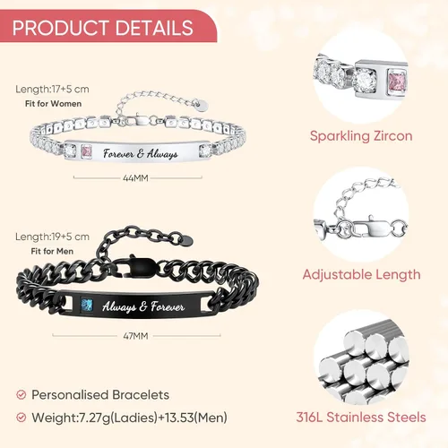 Vista 3 de Hisatan Juego de pulseras personalizadas para parejas, regalos de promesa para él y ella, regalo personalizado para hombres y mujeres, grabado