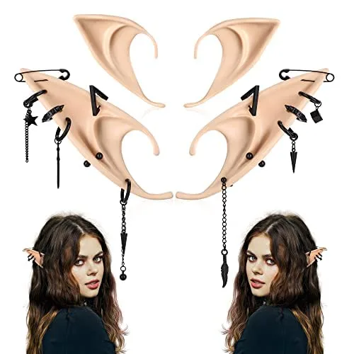 Vista 7 de FRESHME Elf Ears with Pierced Earrings Set - Soft Fairy Ears and Punk Dangle Hoop Piercing Earrings for Women Girls Elf Halloween Renaissance Anime