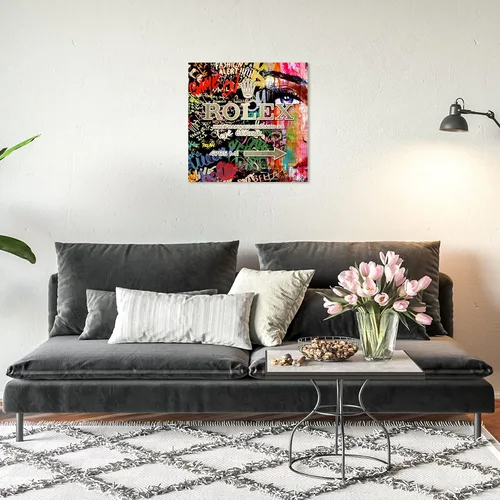 Vista 3 de Wynwood Studio Arte en lienzo envuelto contemporáneo de moda y glamour, reloj coleccionista, letrero de camino de neón, cuadrado de graffiti, arte