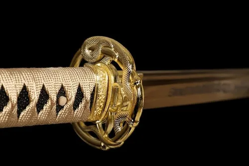 Vista 8 de Katana dorada hecha a mano, espada samurái japonesa 1095 de arcilla de acero templada, hoja de afeitar de espiga completa, afilada, regalos para él