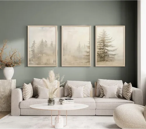 Vista 7 de Arte de pared de bosque brumoso, arte de pared de abeto, paisaje natural, lienzo, impresiones abstractas de bosques, pintura de granja, póster
