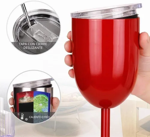 Vista 3 de AMZUShome Copas de vino de acero inoxidable. Vaso de vino de doble pared aislado al vacío con tapa y pajita. Amistad, Navidad, regalos de cumpleaños