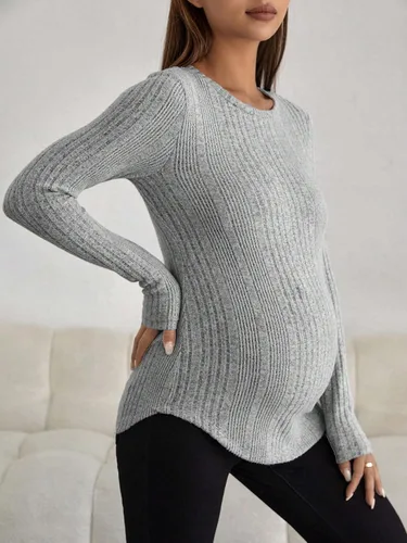 Vista 3 de MakeMeChic Camiseta asimétrica de punto de manga larga con cuello redondo para mujer