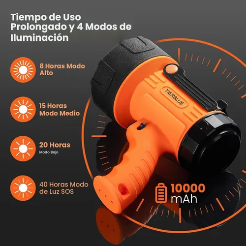 Vista 3 de YIERBLUE Foco recargable, linterna recargable de mano de 200,000 lúmenes, IP67 resistente al agua 12 horas de funcionamiento para navegación Naranja
