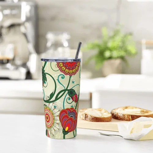 Vista 9 de Evealyn Vaso de acero inoxidable de 20 onzas con estampado floral vintage con tapa y pajita, taza de café reutilizable de viaje para bebidas frías