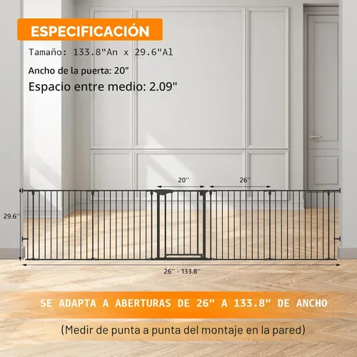 Vista 6 de Bonnlo Puerta de bebé configurable de 120 pulgadas de ancho, valla de seguridad para chimenea, patio de juegos de metal ajustable de 5 paneles