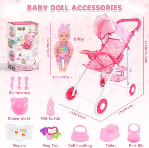 Vista 6 de deAO Juego de cochecito de muñeca de bebé de 12 pulgadas con cochecito de muñeca plegable, 15 piezas, accesorios para muñecas de bebé para niños