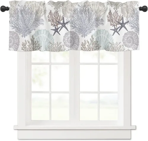 Vista 20 de Cenefa de amarre para ventanas, cortinas náuticas costeras de coral, cenefas con bolsillo para barra, cortinas de ventana con temática de playa