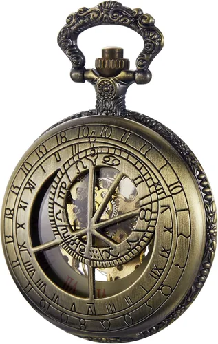 Vista 9 de Bronze Men's Antique Mechanical Pocket Watch, Skeleton Mechanical Roman Numerals Pocket Watch with Chain + Box