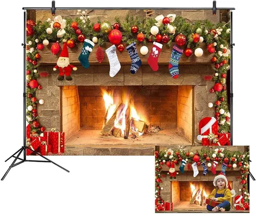 Vista 9 de LB Telones de fondo de chimenea de Navidad para fotografía de 5 x 3 pies, calcetines de árbol de Navidad, regalos de Año Nuevo, para niños