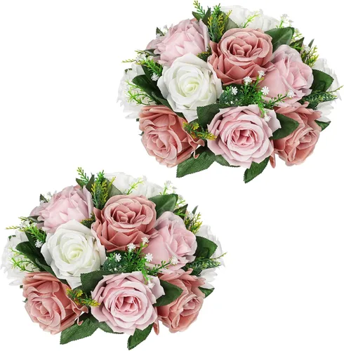 Vista 17 de Briful Bolas de flores artificiales para centros de mesa, 2 piezas de 8.6 pulgadas, arreglo floral de rosas de seda con base de plástico, ramo Azul