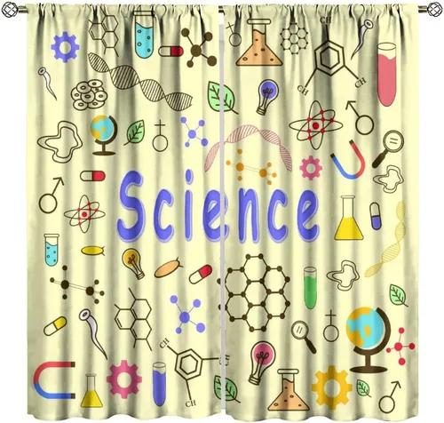 Vista 30 de Cortinas opacas para ventanas de ciencia para niños, lupa de libro de laboratorio de ciencia, lupa, frascos moleculares, cortinas impresas