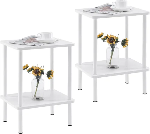 Vista 16 de Apicizon - Mesa auxiliar de 2 niveles, pequeña mesa auxiliar con patas de madera maciza, mesa de noche estilo boho con estante de almacenamiento