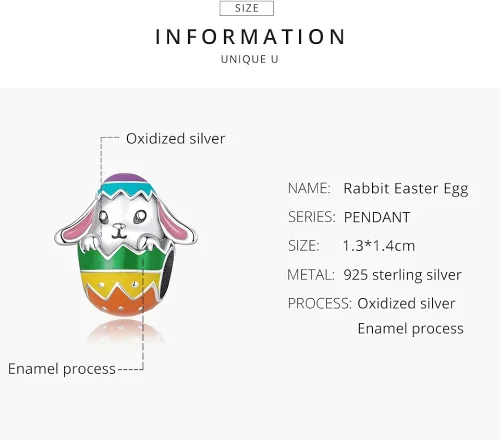 Vista 4 de Abalorio de huevo de Pascua de conejo de plata de ley 925 para pulsera Pandora pulsera de abalorios europeos
