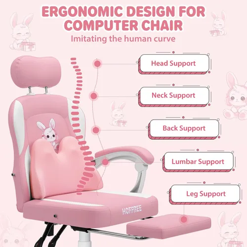 Vista 8 de Silla de juegos rosa para niñas y niños, sillas de computadora de masaje con lindo conejito Cute Silla Gamer 135° Reclining Game Cahir with