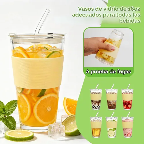 Vista 4 de Birity Vasos de vidrio de 16 onzas con tapas y popotes, vaso de vidrio con popote y tapa, tazas de café helado reutilizables para té, jugo