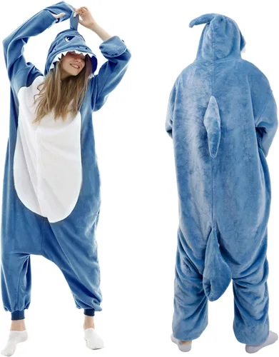 Vista 2 de Pijama de tiburón para adulto Disfraz de tiburón para cosplay, diseño de pierna abierta no afecta a caminar, franela súper suave y acogedora (XXL)
