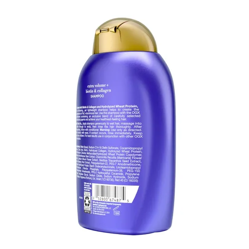 Vista 4 de OGX Champú voluminizador de colágeno extra fuerte con vitamina B7 y proteína de trigo hidrolizada para cabello fino. Tensioactivos sin sulfato