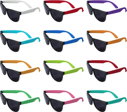 Vista 6 de Paquete de 48 lentes de sol de neón de 12 colores con lentes oscuros, estilo de los años 80 para recuerdos de fiesta, fiesta en la piscina a granel