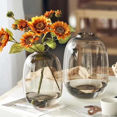 Vista 9 de Jarrón de vidrio ámbar para flores, florero alto para decoración - Centros de mesa - Decoración de granja