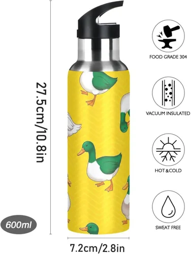 Vista 9 de BPA-Free Sport Water Bottle Insulated 32 Oz, Insulated Stainless Steel Water Bottle with Straw for Gym Outdoor Travel School, Green White Ducks