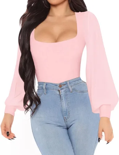 Vista 2 de JORASOB Enterizo de manga larga con cuello cuadrado para mujer, manga linterna, color liso