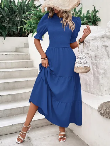 Vista 64 de BTFBM Vestidos para mujer, cuello redondo, casual, de verano, con volantes, manga corta, bohemio, con niveles, fruncido, largo, con estampado floral