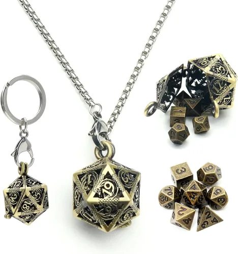 Vista 10 de Haxtec Juego Mini de Dados de Metal DND con Estuche de Collar Hueco Juego de Dados de Metal Pequeños Antiguos Juego de Llaveros D&D Portátil Juego