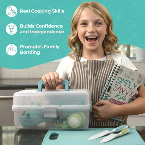 Vista 9 de Juego de regalos definitivo para cocinar y hornear Tovla JR para niños Cuchillos seguros para niños Montessori, delantal, libro de cocina visual