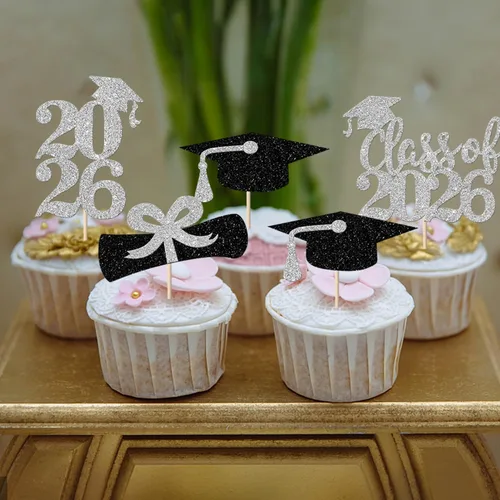 Vista 6 de Paquete de 24 adornos para cupcakes de clase de 2026 con purpurina 2026 para diploma de graduación 2026, selecciones para cupcakes para graduación