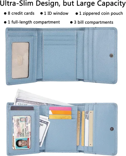 Vista 2 de AINIMOER Cartera pequeña de piel para mujer, delgada, compacta, con bloqueo RFID, con bolsillo para monedas, Bloqueo Rfid de Lichee Gray Blue
