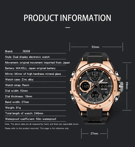 Vista 6 de Relojes deportivos para hombre, impermeables, con fecha, analógico, pantalla doble, multifunción, táctica, LED, alarma, cronómetro