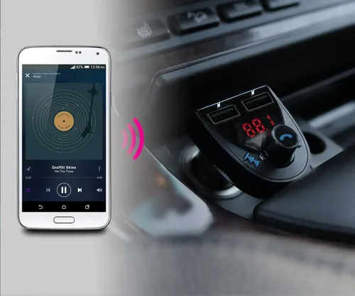 Vista 4 de ALURATEK Receptor de audio Bluetooth para coche y transmisor FM con micrófono para llamadas manos libres (ABF01F), azul