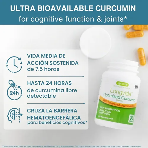 Vista 2 de Longvida - Curcumina optimizada de 500 mg, ultra biodisponible y acción sostenida, vegana, 30 cápsulas