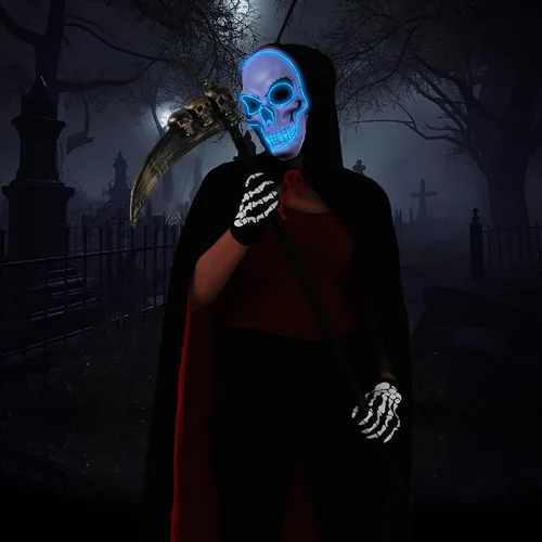 Vista 7 de ProlPings Halloween Grim Reaper Costume for Kids Adults,LED Mask Gloves Cape for Halloween Costume Dress up Party