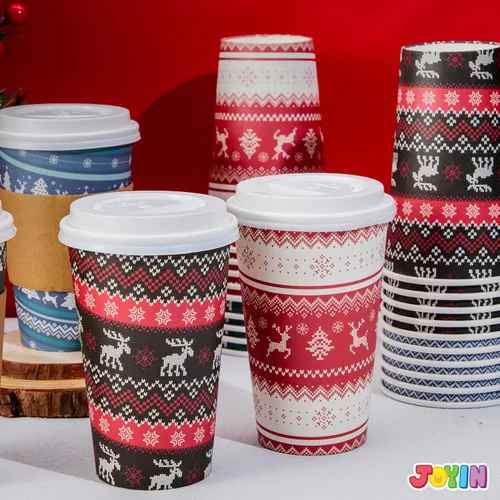 Vista 8 de JOYIN 24 piezas de vasos de papel desechables de Navidad, vasos de fiesta de Feliz Navidad de 16 oz con mangas y tapas, 4 diseños de vajilla