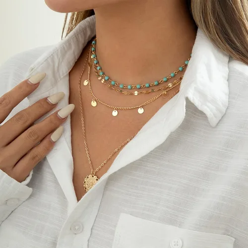 Vista 2 de Collar de oro para mujer, juego de collares de moda en capas, collar bohemio con cuentas de turquesa, collar largo con dije de moneda, collar