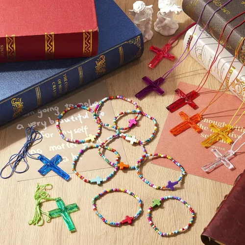 Vista 4 de Equsion 48 collares de cruz cristiana religiosa para fiestas de Pascua, incluye 24 collares de cruz de cristal de plástico, regalos de manualidades