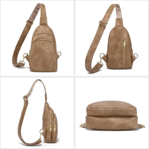 Vista 6 de Bolso cruzado pequeño, riñonera para mujeres y hombres, bolso bandolera de cuero para regalos, Estilo 5, color caqui.