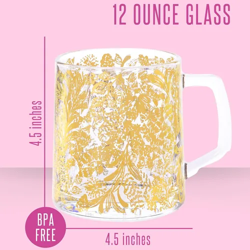 Vista 2 de Lilly Pulitzer Bonita taza de cristal, taza transparente con asa, 12 onzas, taza estética para café y té, Calypso Coast (dorado)