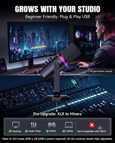 Vista 6 de AOC Micrófono dinámico USB/XLR para juegos de PC, podcast y grabación, micrófono RGB de modo dual y equipo vocal de transmisión con soporte