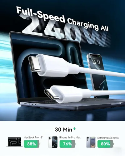 Vista 5 de Cable USB C a C de 240 W, paquete de 2 (6 pies/6 pies), cable de carga rápida USB-C a USB-C, cable de alimentación tipo C compatible con iPhone 17