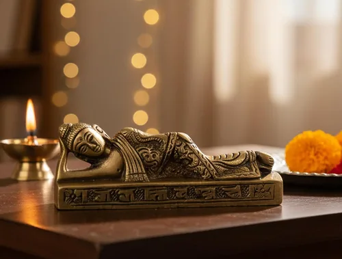 Vista 3 de eSplanade Estatua de Buda reclinable para decoración del hogar Escaparate de Buda dormido de latón para sala de estar, meditación, escritorio