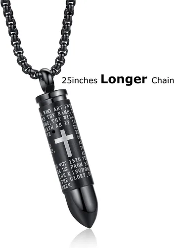 Vista 2 de Collar de acero inoxidable con forma de urna para cenizas con dije en forma de bala, oración del padrenuestro, collar para hombres, urna para Cadena