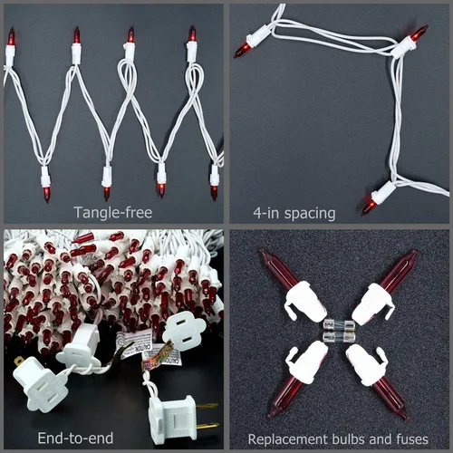Vista 6 de YULETIME 200 luces rojas de Navidad, paquete de 2 juegos de 33 pies, 100 luces incandescentes con certificación UL (rojo, cable blanco)