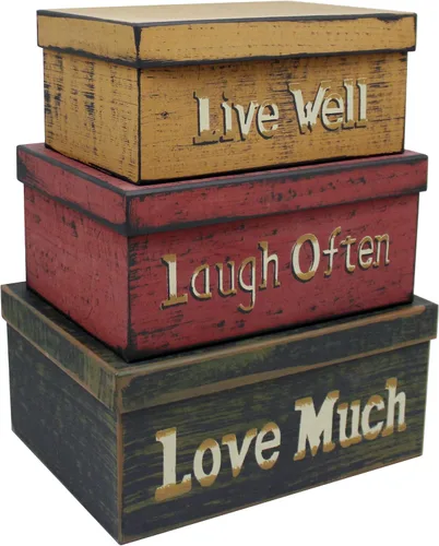 Vista 11 de CVHOMEDECO. Cajas anidadas rectangulares vintage primitivas de cartón “La familia lo es todo”, grandes 12 x 9 x 14 cm. Juego de 3.