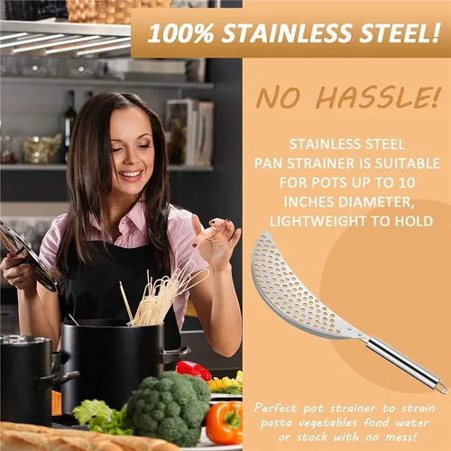 Vista 6 de Paquete de 2 coladores de acero inoxidable para grasa, para pasta, escurridor de mano para diferentes ollas, herramienta de cocina