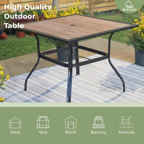 Vista 3 de MFSTUDIO Juego de comedor de 5 piezas de metal para patio, juego de muebles para exteriores con 1 mesa cuadrada de madera y 6 sillas de respaldo